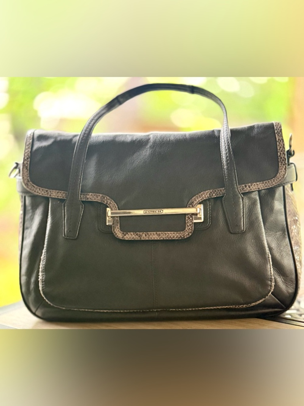 Coach Taylor Marin Flap Bag Black Leather Snakeskin Trim Satchel F23301 | EUC